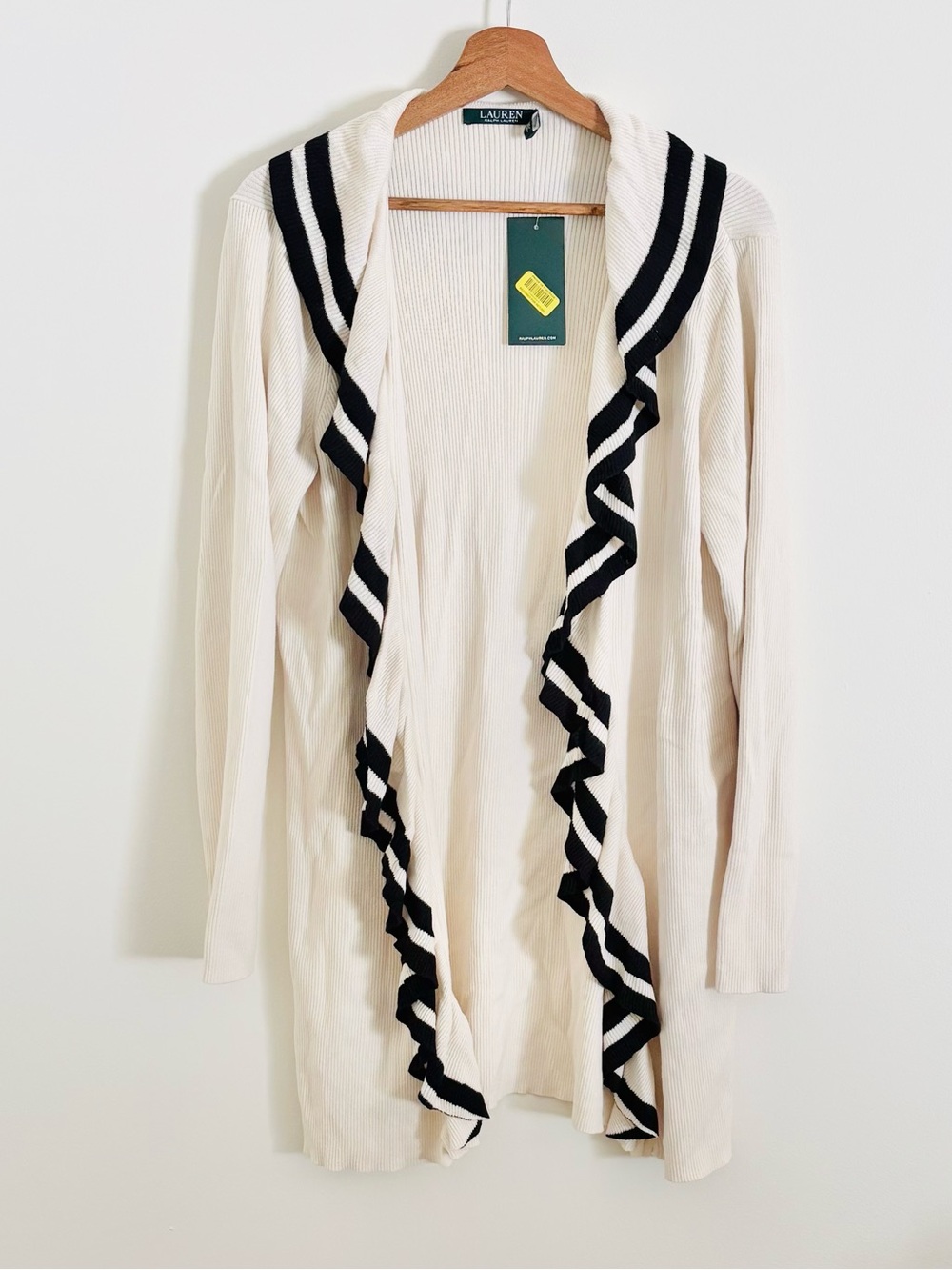NWT Ralph Lauren Ruffled Open-Front Sweater in Cream & Black